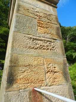 Oblique view of one pillar showing masonry July 2016